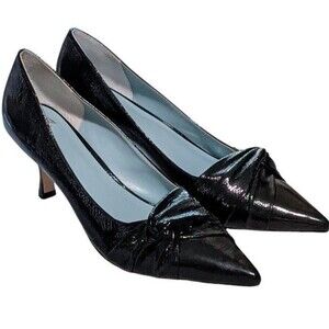 Luxury Black Leather Frances Valentine NY Knot Kitten Heel Pointed Toe 7.5‎ NWOB